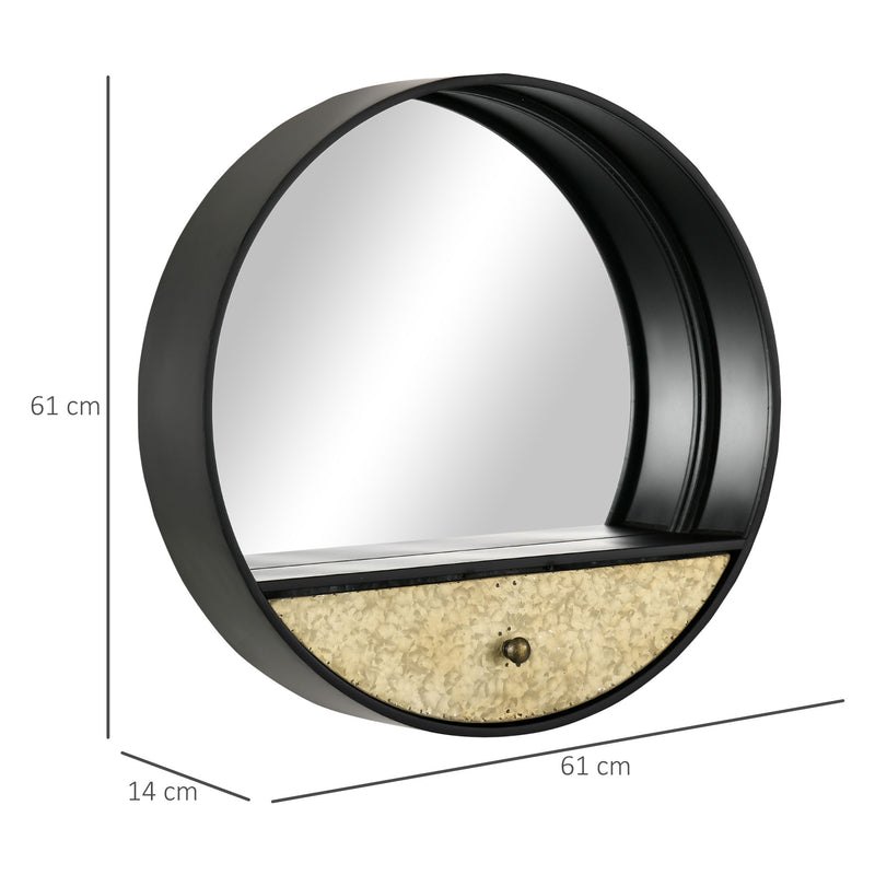 Specchio da Parete Ø61 cm con Cassetto in Metallo Nero-3
