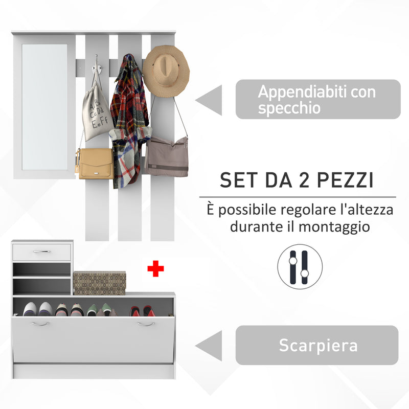 Mobile d'Ingresso Moderno Guardaroba Set Appendiabiti Specchio e Scarpiera 3 in 1 in Legno Bianco -7
