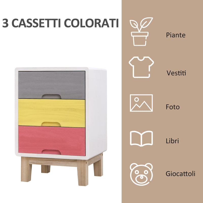 Comodino in Legno Colorato 3 Cassetti 30x34x51 cm -6