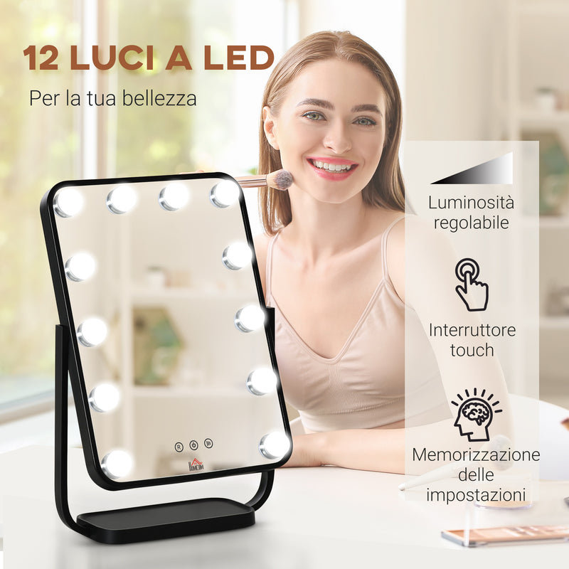 Specchio da Tavolo con LED 32,8x11x47,4 cm per Trucco Make up Nero