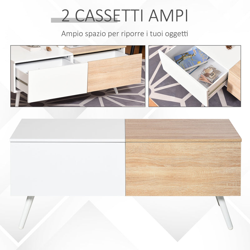 Tavolino Basso con 2 Cassetti 110x60x45 cm in MDF e Metallo Bianco e Rovere-5