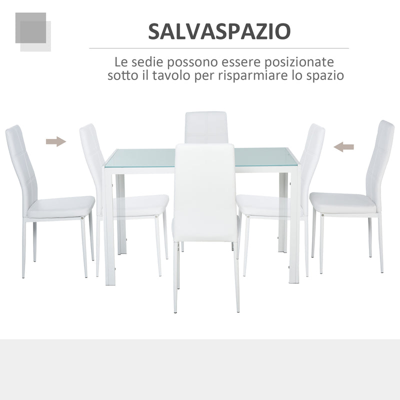 Set da Pranzo Tavolo con Piano in Vetro e 4 Sedie in Metallo e Similpelle  Bianco-4