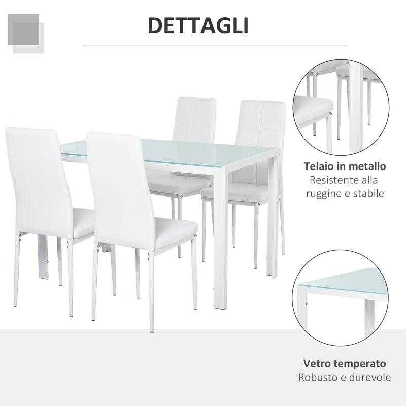 Set da Pranzo Tavolo con Piano in Vetro e 4 Sedie in Metallo e Similpelle  Bianco-6