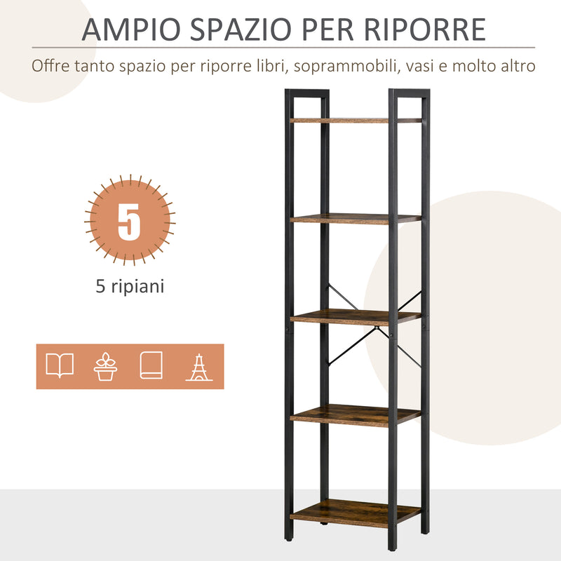 Libreria 5 Ripiani 40x30x154 cm in Legno e Acciaio Marrone Rustico-4