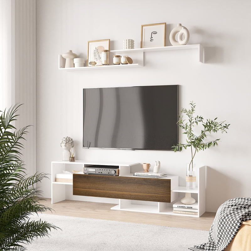 Mobile TV con Mensola a Muro in Truciolato Bianco e Marrone-2