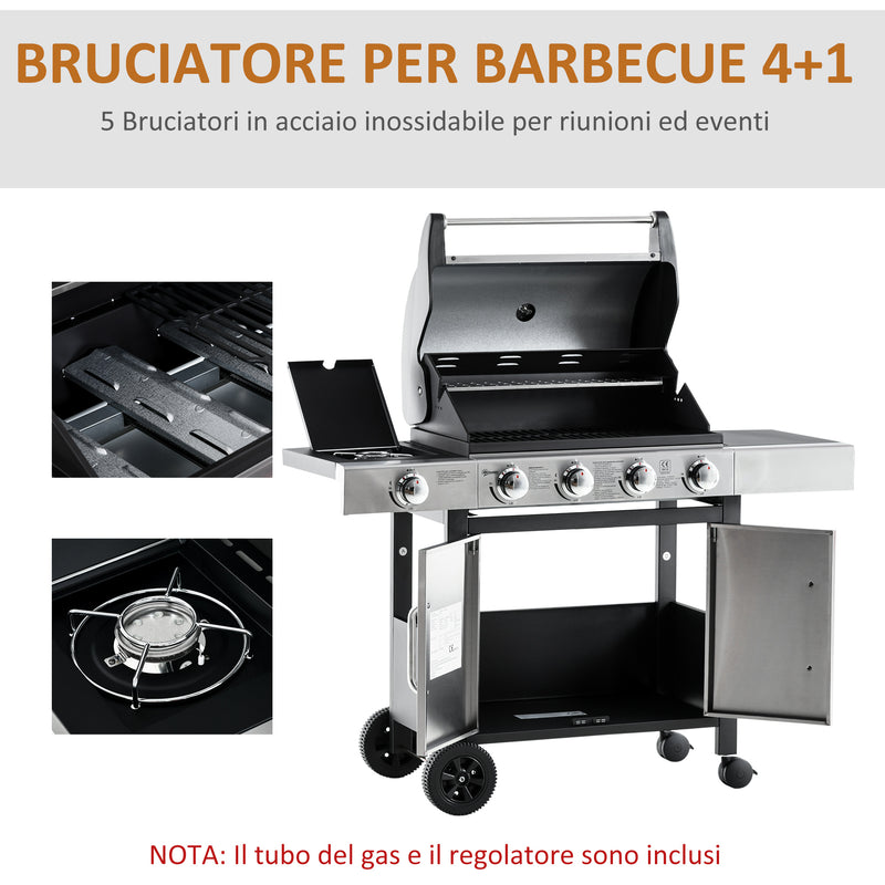 Barbecue a Gas 4 Fuochi + 1 Fornello Laterale 128x50x113 cm in Metallo e  Acciaio Inox-5