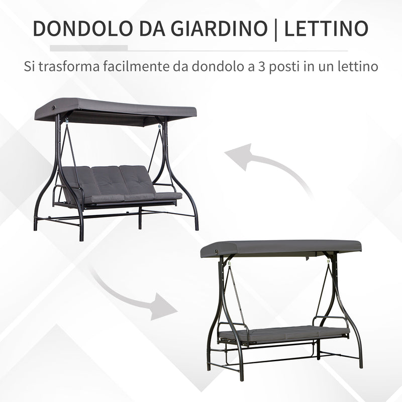 Dondolo Letto 3 Posti 195x117x174 cm in Metallo e Poliestere Grigio-4