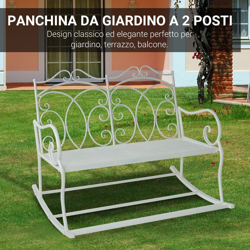 Panchina a Dondolo da Giardino 2 Posti in Ferro Shabby Bianco 102x74.5x78 cm -5