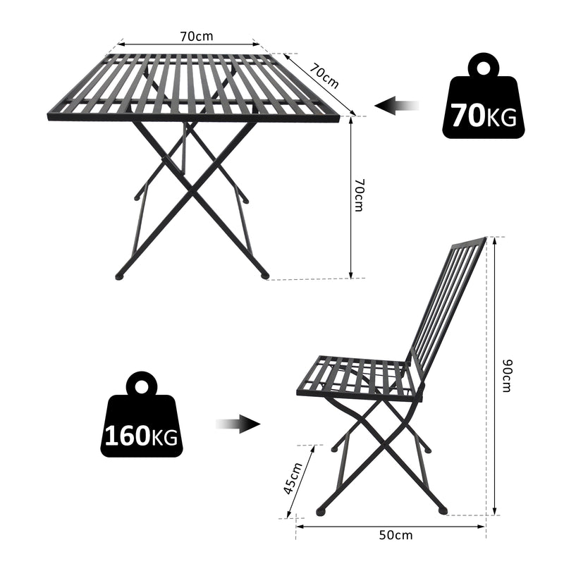 Set Tavolino e 2 Sedie Pieghevoli da Giardino in Metallo Bistrot Nero -3