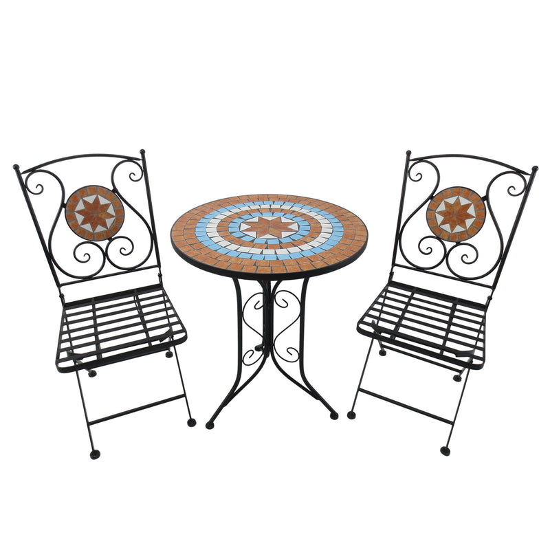 Set Tavolino e 2 Sedie da Giardino in Metallo Mosaico Nero Arancione e Bianco -1