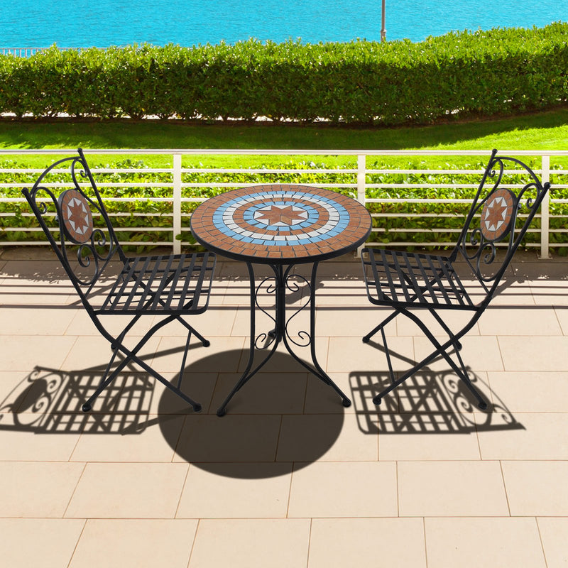 Set Tavolino e 2 Sedie da Giardino in Metallo Mosaico Nero Arancione e Bianco -2