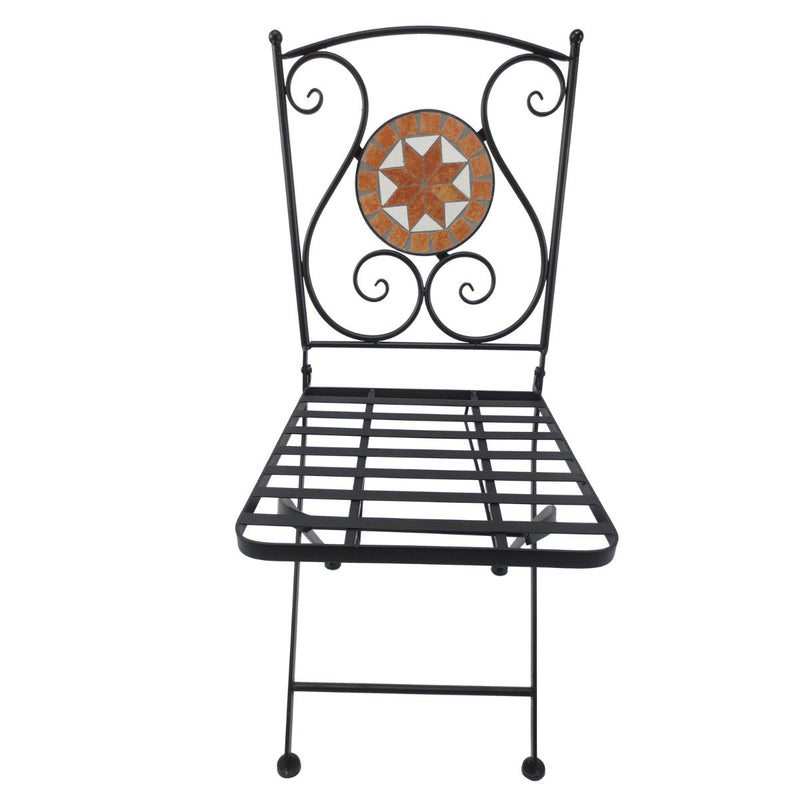 Set Tavolino e 2 Sedie da Giardino in Metallo Mosaico Nero Arancione e Bianco -5