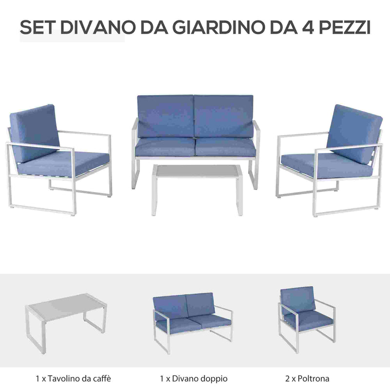 Set Salotto da Giardino Divano 2 Poltrone e Tavolino in Metallo Bianco e Blu-4