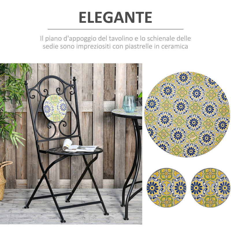 Set Tavolo e 2 Sedie Pieghevoli da Giardino in Metallo con Mosaico Colorato-5