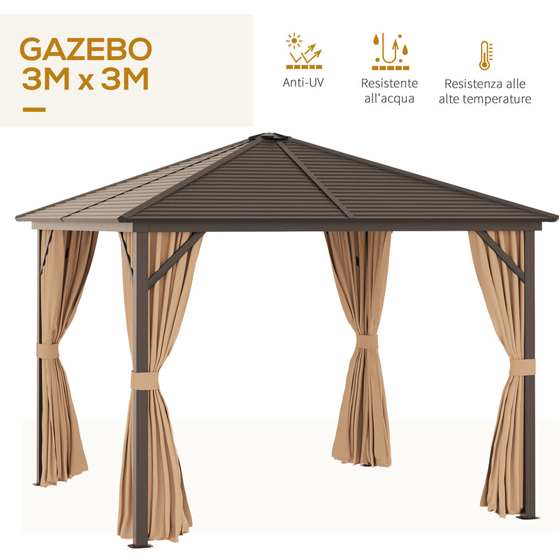 Gazebo da Giardino con Zanzariera Tende Laterali e Tetto Rigido 2,98x2,98m in Alluminio Marrone-4