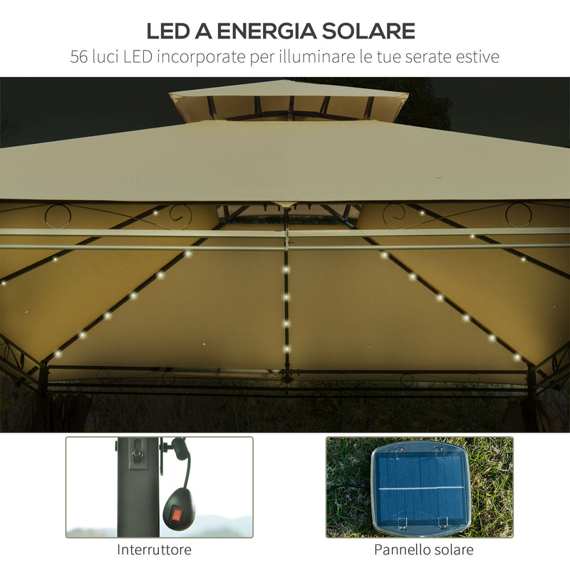 Gazebo da Giardino con Pannelli Solari e LED 3x4m in Acciaio Cachi-5