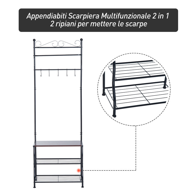 Panchina per Ingresso con Ganci Appendiabiti e Ripiani Scarpiera in Metallo Nero -10