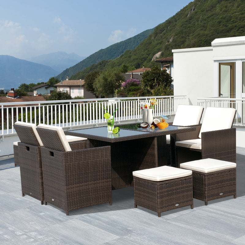 Set Tavolo e 4 Sedie da giardino in Alluminio e Rattan Sintetico 4 Poggiapiedi e Cuscini Marrone -2