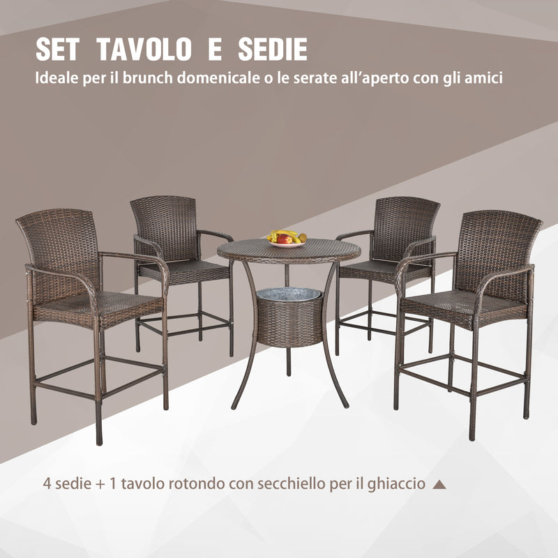 Set Tavolino con 4 Sedie da Giardino in Rattan Sintetico Marrone-4