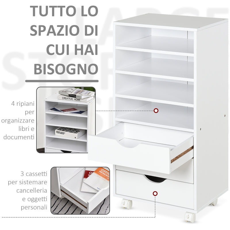Cassettiera per Ufficio con Ruote 3 Cassetti 4 Ripiani in Legno 40x30x83 cm  Bianco-4