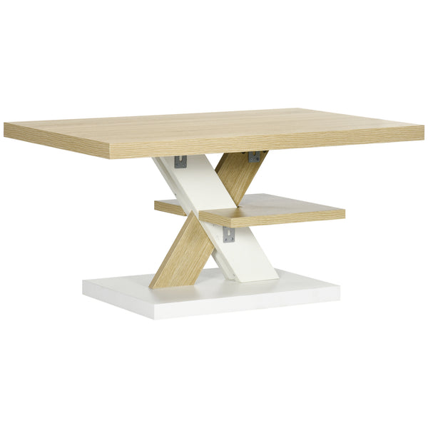 Tavolino da Caffè  90x60x45 cm con Ripiano Centrale in Legno Bianco e Legno sconto