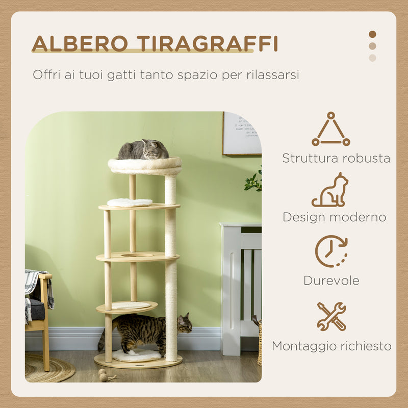 Tiragraffi per Gatti a Torre Ø54x123,5 cm con Letto e Posatoi in Truciolato e Legno di Pino Rovere-4