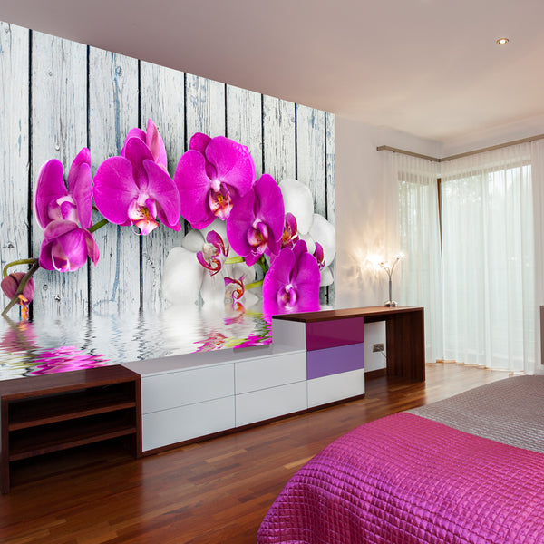 acquista Fotomurale - Violet Orchids With Water Reflexion Carta Da Parato Erroi