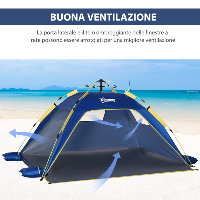 Tenda da Spiaggia Pop Up 220x173x120 cm con Finestre in Poliestere Blu-4
