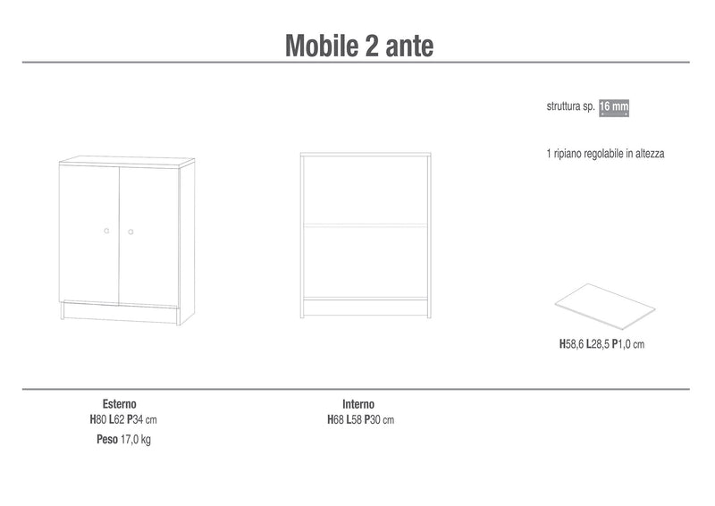 Mobile 2 Ante 62x80x34 cm Bianco Lisco-2