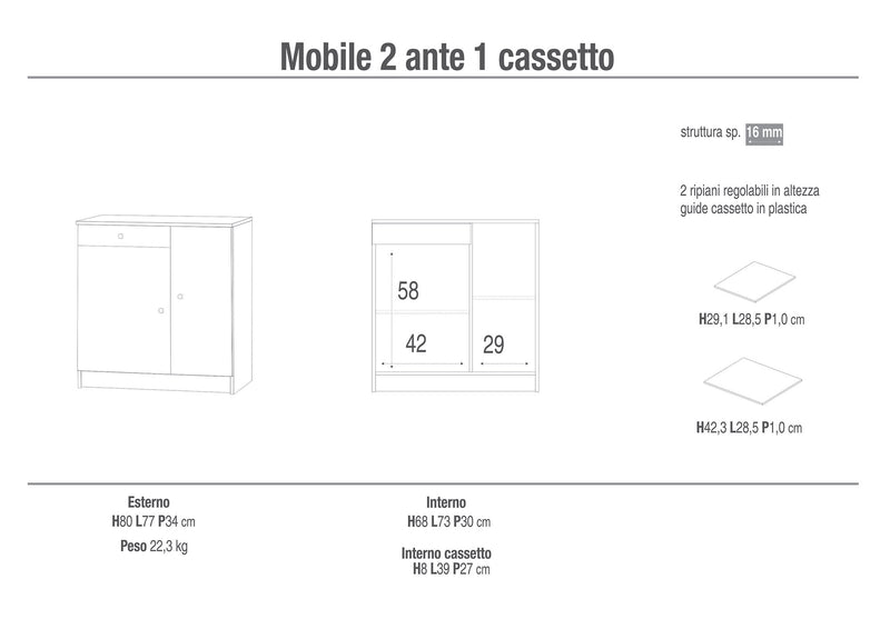Mobile 2 Ante 1 Cassetto 77x80x34 cm Eucalipto-2
