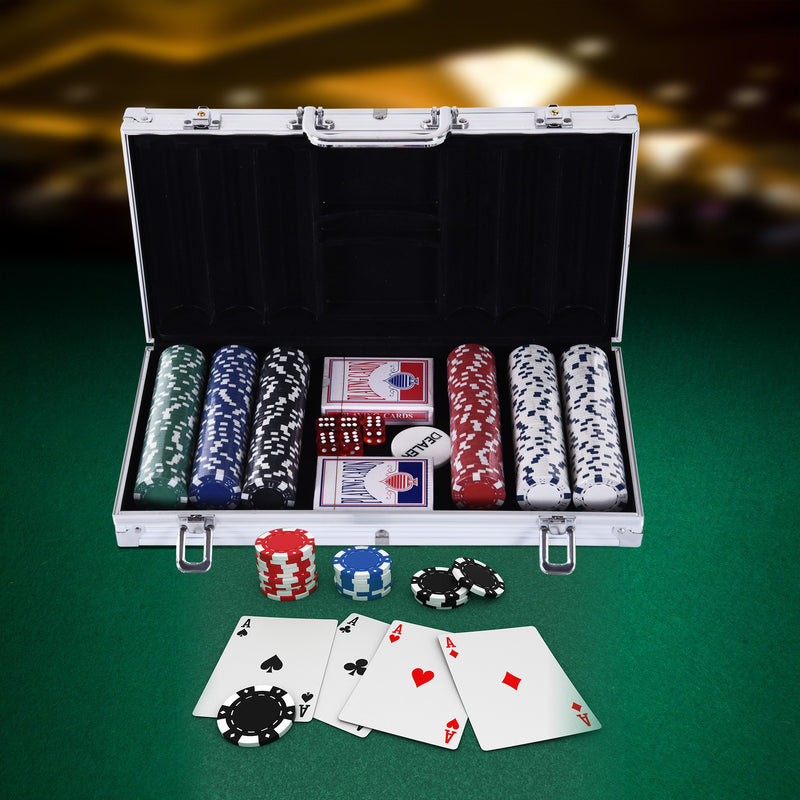 Set 300 Fiches da Poker 2 Mazzi di Carte e Pulsante Dealer con Valigetta-2