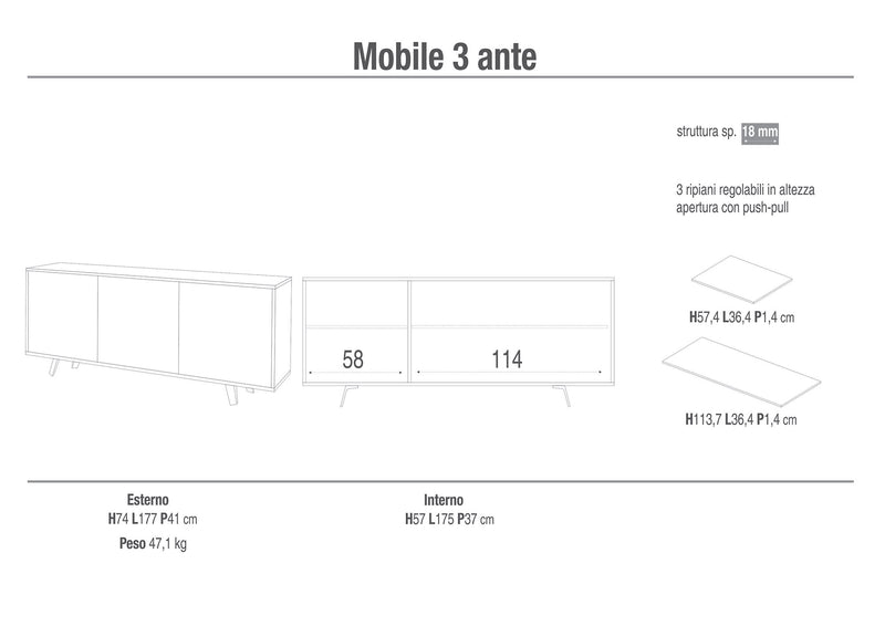 Mobile 3 Ante 177x74x41 cm Cemento/Marmo Calacatta-4