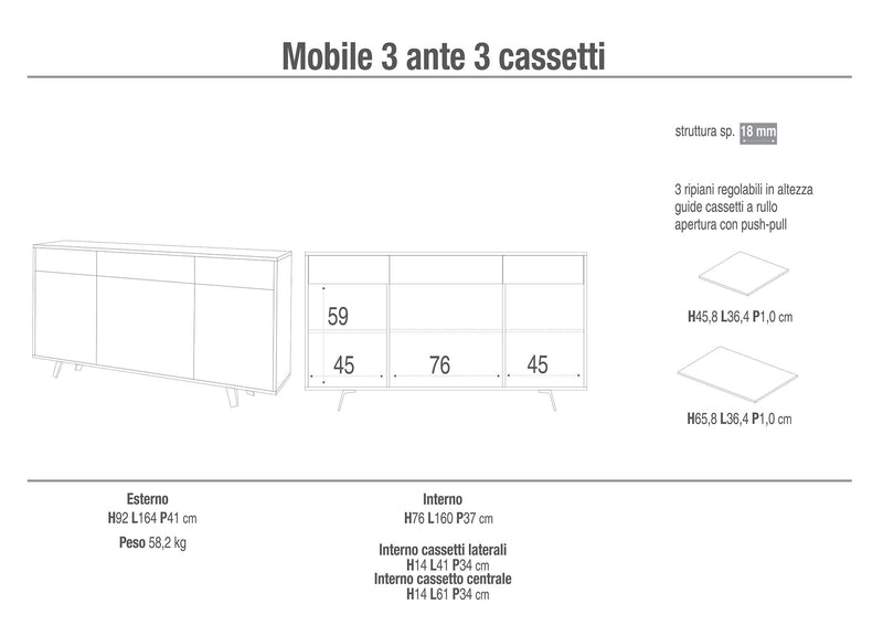 Mobile 3 Ante 3 Cassetti 164x92x41 cm Ossido Nero/Marmo Calacatta-4