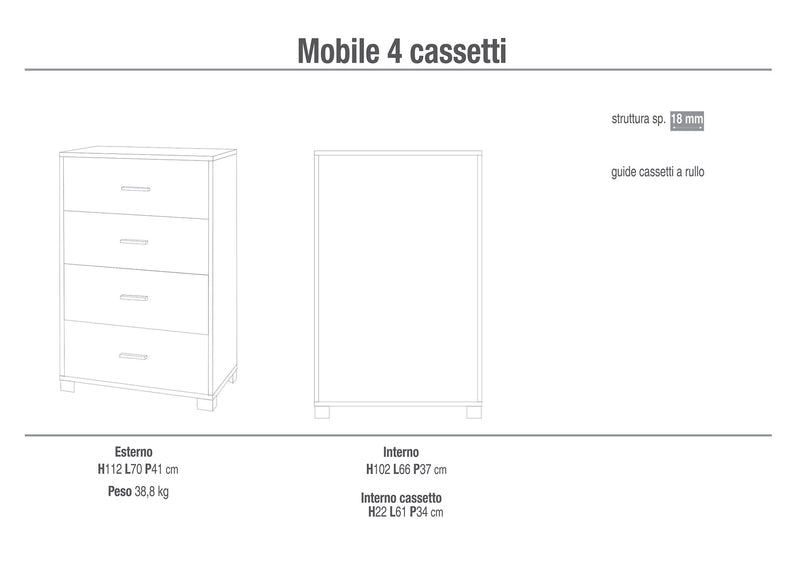 Mobile 4 Cassetti 70x112x41 cm Cemento/Ossido Bianco-2