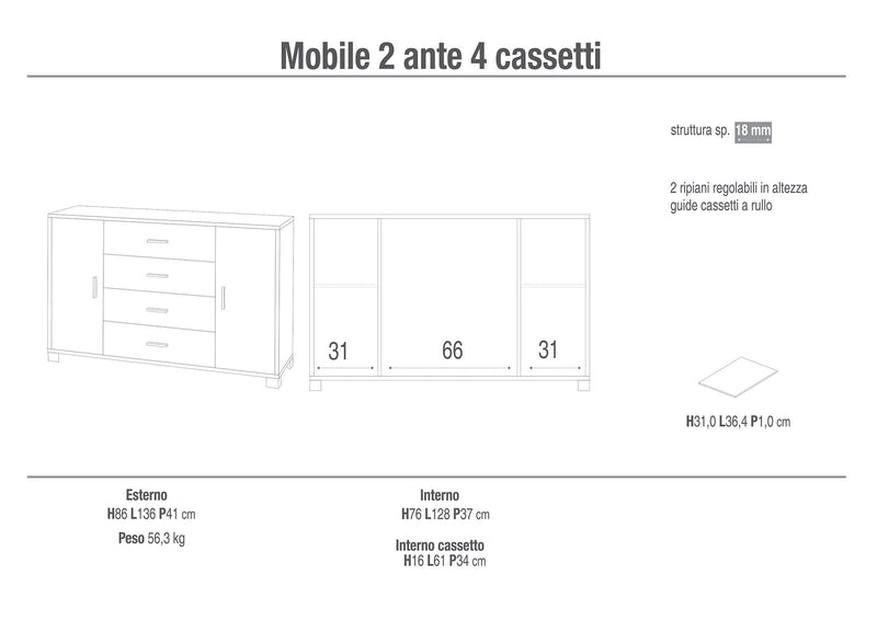 Mobile 2 Ante 4 Cassetti 136x86x41 cm Olmo Chiaro/Bianco Fiammato-5