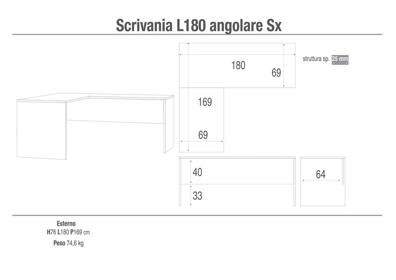 Scrivania Angolare Sx 180x76x169 cm Cemento-2