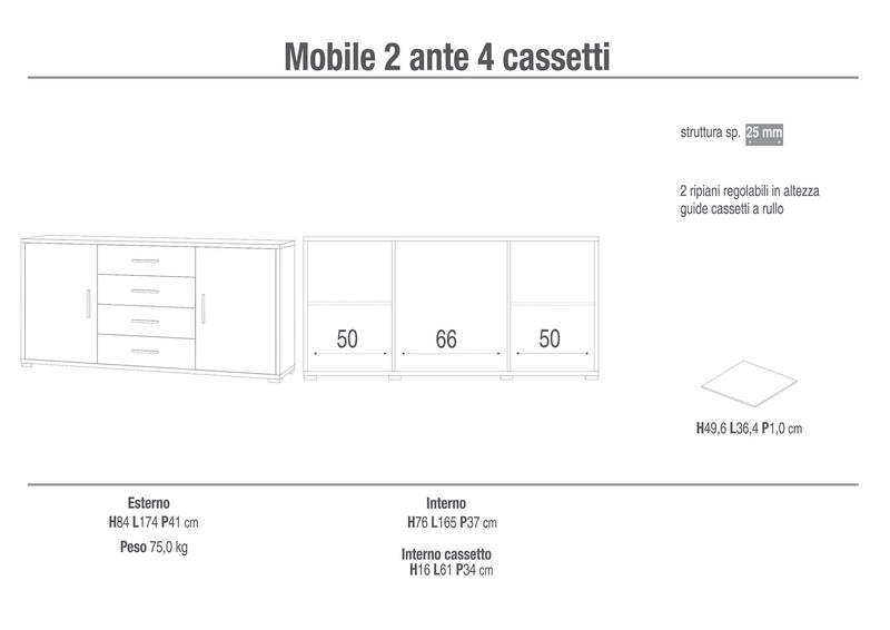 Mobile 2 Ante 4 Cassetti 174x84x41 cm Cemento/Rovere Naturale-2