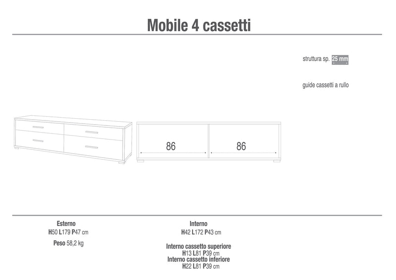 Mobile con 4 Cassetti 179x50x47 cm Cemento-2