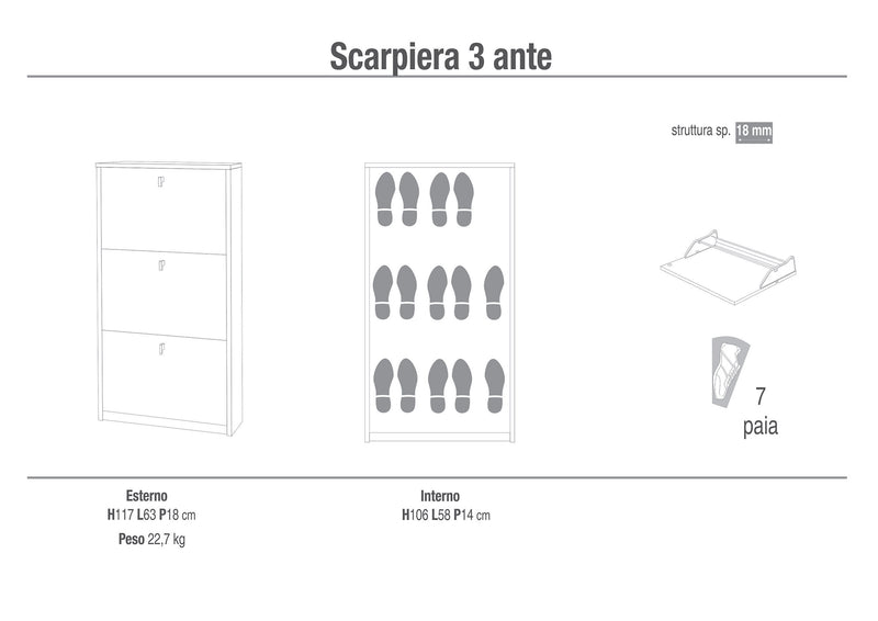 Scarpiera 3 Ante 63x117x18 cm Olmo Chiaro-3