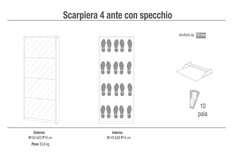 Scarpiera 4 Ante con Specchio 63x154x18 cm Bianco Fiammato-2