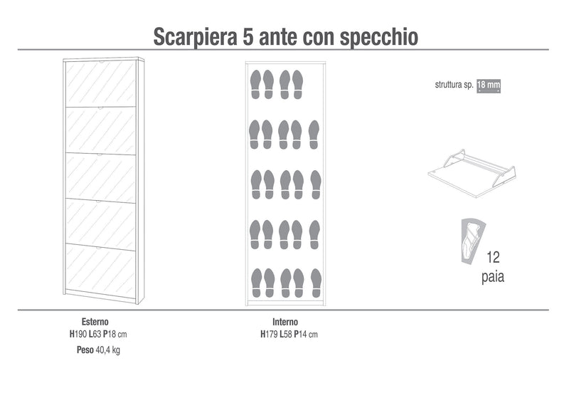 Scarpiera 5 Ante con Specchio 63x190x18 cm Bianco Fiammato-2