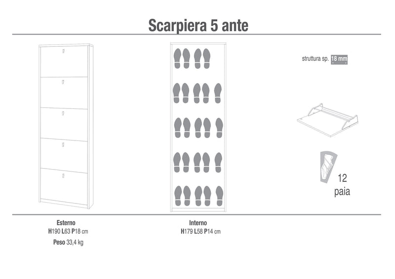 Scarpiera 5 Ante 63x190x18 cm Ossido Bianco-4
