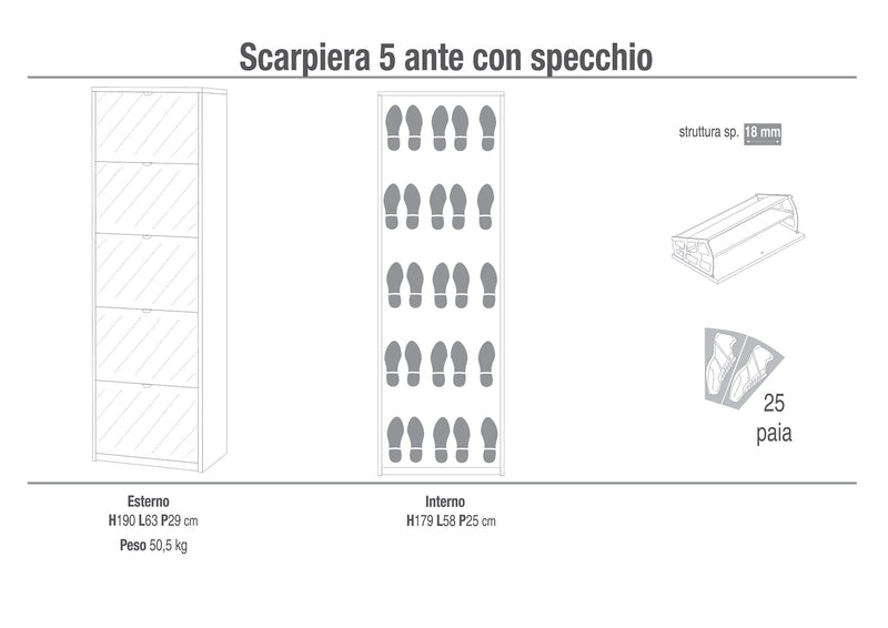 Scarpiera 5 Ante con Specchio 63x190x29 cm Bianco Fiammato-2