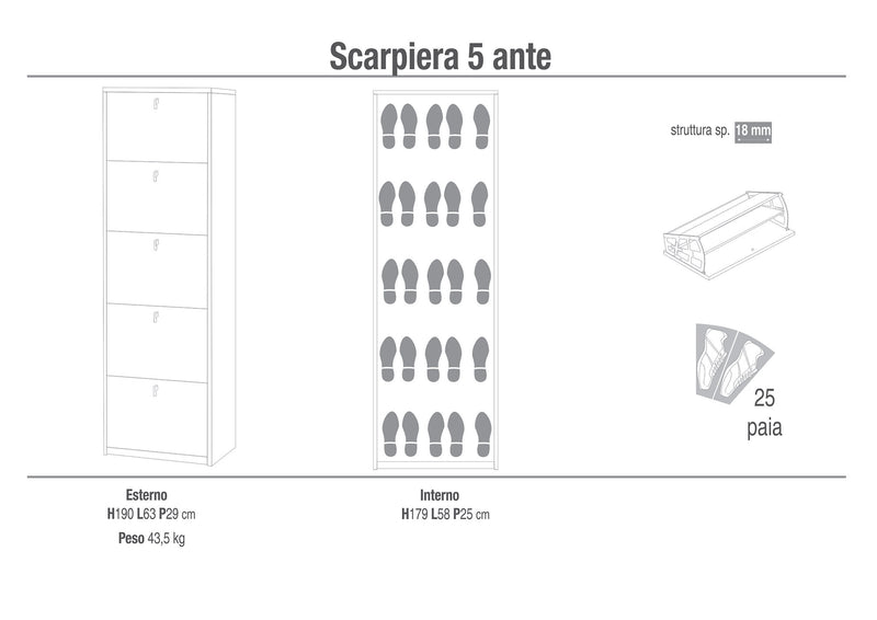 Scarpiera 5 Ante 63x190x29 cm Cemento-2