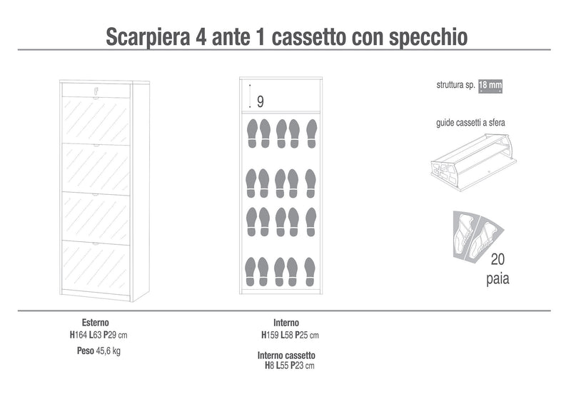 Scarpiera 4 Ante con Specchio 1 Cassetto 63x164x29 cm Bianco Fiammato-2