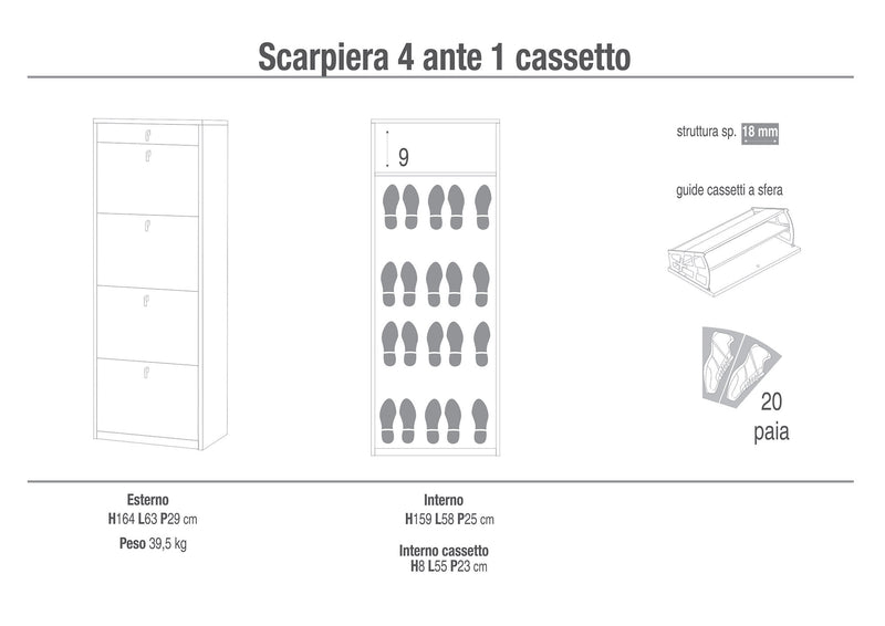 Scarpiera 4 Ante 1 Cassetto 63x164x29 cm Cemento-2