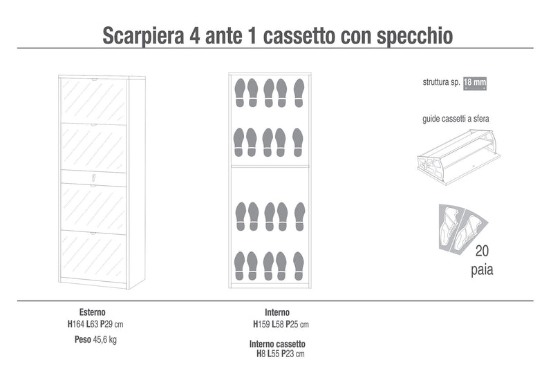 Scarpiera 4 Ante con Specchio 1 Cassetto 63x164x29 cm Bianco Fiammato-2