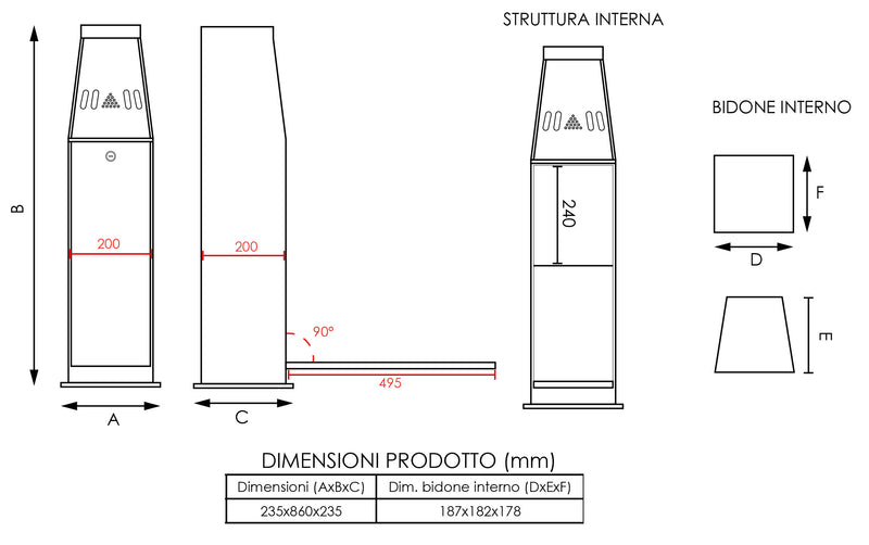 Posacenere a Colonna 23,5x86x23,5 cm in Metallo Nero 5L per Interno Esterno-6