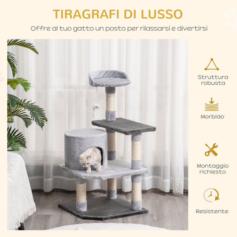 Albero Tiragraffi per Gatti di 3 livelli con Topolino Grigio 48x48x100 cm -4