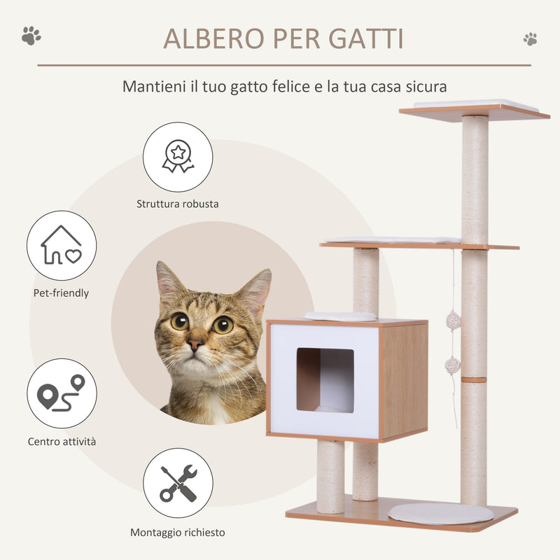 Albero Tiragraffi per Gatti in Sisal con Cuccia Piattaforme e Giochi 60x40x120 cm -5